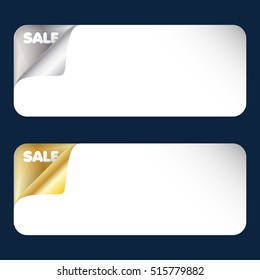 Two paper pages with metallic rolled corners and background. Realistic vector illustration isolated on dark background. Sale coupon, gift card, web banner, header, voucher template.