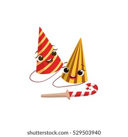 Two Paper Party Hats And Horn for Kids Birthday Party. Happy Smiling Animated Cartoon Objects. Festive Girly Character Illustration