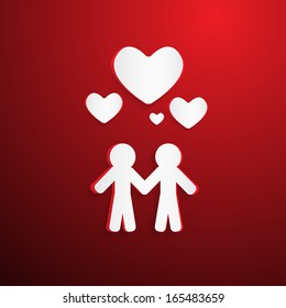 Two Paper People with Hearts on Red Background