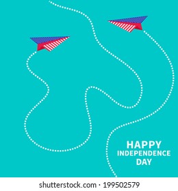 Two paper planes with dash line. Happy independence day United states of America. 4th of July. Vector illustration