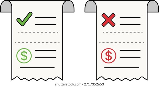 Dos Comprobante de papel, uno con marca de verificación verde y signo de dólar, el otro con cruz roja y signo de dólar