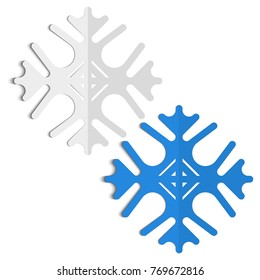 two paper snowflakes, white and blue with a shadow