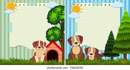 Dos plantillas de papel con perros lindos en la ilustración del parque
