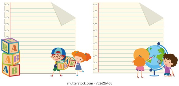 Two paper template with kids and toys illustration