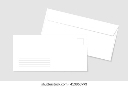Two paper white envelopes with lines for address. Blank paper envelopes for your design. Vector envelopes template.