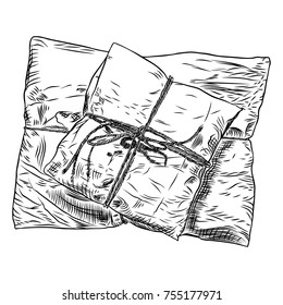 Two paper wrapped soft gift boxes top view. Hand drawn realistic sketch. Present wrapping and packaging online shopping Valentine, black Friday or Birthday concept. Vector.