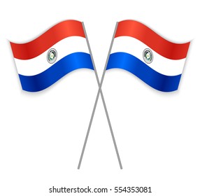 Two Paraguayan crossed flags. Combined Paraguay isolated on white. Language learning, international business or travel concept.