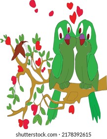 Two parakeet are sitting on a tree .  They love them is other . It's a romantic moments .