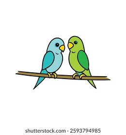 Two Parakeets Sitting on a Branch – Vector Line Art Silhouette Icon.