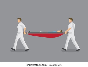 Two paramedic personnel carrying a stretcher with a man lying in it. Vector illustration on emergency medical services concept isolated on grey background.