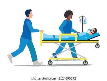Dos paramédicos están ayudando a un paciente. El paciente está conectado a un ventilador. Gracias médicos y enfermeras. Hospitalización urgente. Ilustración vectorial.