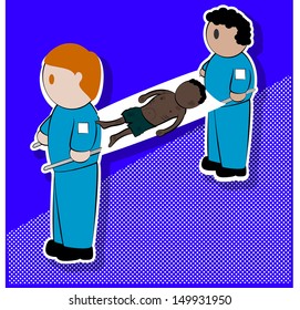 two paramedics carrying a child on a stretcher unconscious white.