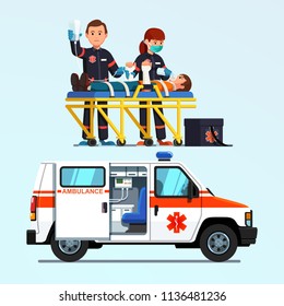 Two paramedics emergency rescue team giving first aid to injured patient on stretcher. Ambulance car. Medicine and injury emergency paramedics first aid car. Flat vector isolated illustration