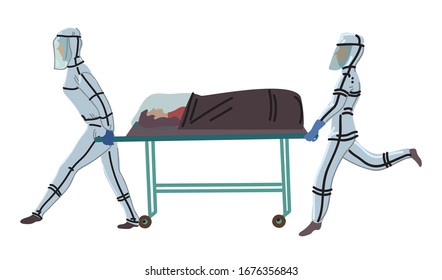 Two paramedics in protective suits are transported on a gurney, in an individual infectious capsule of the patient. Epidemic. Flat, cartoon vector. Isolated illustration on a white background.