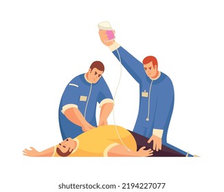 Two paramedics providing first aid to unconscious man flat vector illustration