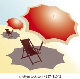 two parasols and two empty chairs under the sun on a beach.