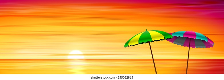 Two Parasols on a Beach with Red Sunset, Sunrise. Vector EPS 10