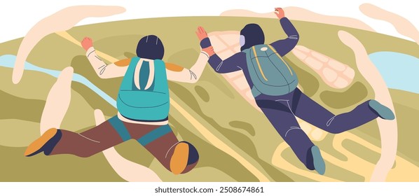 Two Paratroopers Descending From The Sky Above A Scenic Landscape, Engaging In An Exciting Adventure Activity