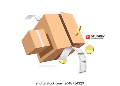Two parcel boxes or cardboard boxes float in mid-air on receipt after customer places an order online and receives home delivery service. vector 3d isolated for online shopping ,e commerce concept