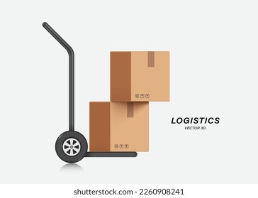 Two parcel boxes or cardboard boxes are stacked on top of each other and all are placed on trolley or cart used in warehouse,vector 3d isolated for logistics,delivery,e commerce concept design