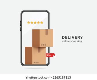 Two parcel boxes stacked on top of each other and display on smartphone screen and there's a red buy button next to it,vector 3d isolated for delivery,logistics and online shopping concept