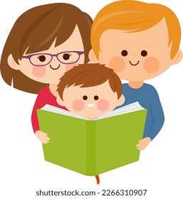 Two parents and a child read a book together. Vector illustration.