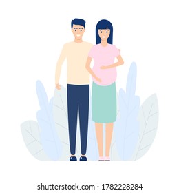 Two parents expecting baby. Pregnant wife and husband standing together. Beauty cute family. Happy young couple vector illustration isolated on white. Cute pregnant woman caressing her belly. 