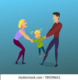 Two Parents Fighting Over Child In Divorce, Vector Illustration of a flat design.