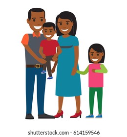 Two parents with little children. Smiling african american couple in casual clothing with son and daughter flat vector isolated on white. Happy family illustration for relations and parenthood concept