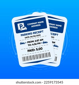 Two Parking Receipt. Check from parking meter. Price for car stay or entrance and exit ticket from vehicle stand. Parking zone. concept. Vector illustration.