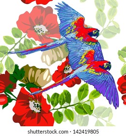 two parrots flying on a background of red flowers