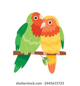 Dos loros, los loros son inseparables, lindos pájaros en una rama de árbol.