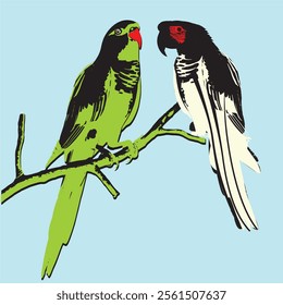 Two parrots, parrots are inseparable, cute birds on a tree branch. Flat design. Vector illustration.