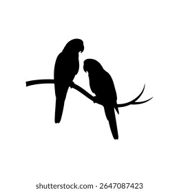 Two parrots on a branch silhouette icon vector flat design on white background