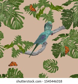 two parrots on a branch with tropical leaves and butterflies. seamles pattern on beige background