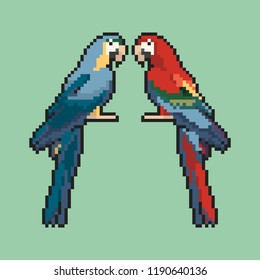 Dos loros sobre un fondo verde pixel art. Ilustración vectorial.