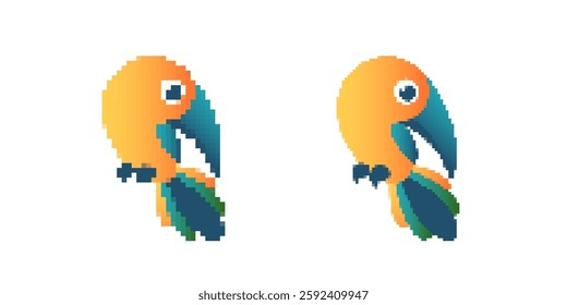 Two parrots in pixel art style showcase bright colors and dynamic design. simple, eye-catching look.