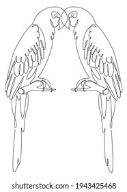 Two parrots are sitting on a twist. Enamored birds in one line modern style. Solid line, outline for decor, posters, stickers, logo. Vector illustration.