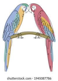 Two parrots are sitting on a twist. Enamored birds in one line modern style. Solid line, outline for decor, posters, stickers, logo. Vector illustration.