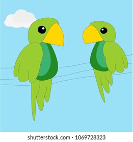 Two Parrots Talking Over A Electric Line Vector Illustration