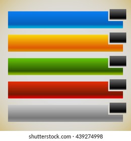 Two part banners, buttons with intersecting rectangles. 5 colors.