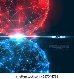 Two particles collision with red and blue light. Vector illustration. Abstract molecules impact on black background. Connection Structure. Geometric Modern Technology Concept.