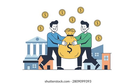 Two partners carrying heavy money bag with golden coins floating and banking building icons representing financial partnership and prosperity.