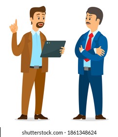 Two partners discussing new project. Serious man listening guy with digital tablet. Office worker talking with boss at white background. Partners planning strategy. Communicating office characters