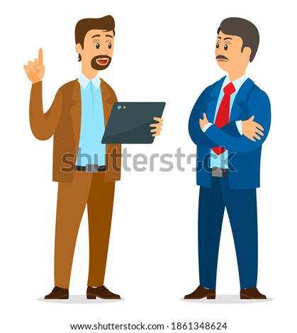 Two partners discussing new project. Serious man listening guy with digital tablet. Office worker talking with boss at white background. Partners planning strategy. Communicating office characters
