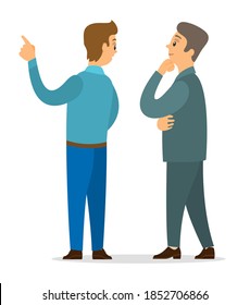Two partners discussing something standing back. Thoughtful guy listening colleague. Office worker talking with boss at white background. Partners planning strategy. Communicating office characters