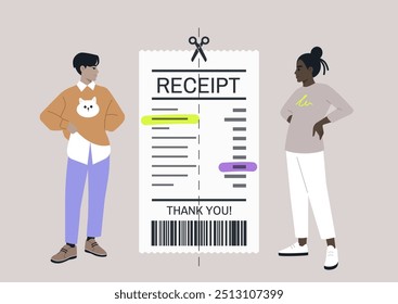 Two partners or friends stand beside a detailed receipt in a light-hearted moment, discussing how to fairly split the bill after enjoying a delightful day at a café