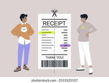 Two partners or friends stand beside a detailed receipt in a light-hearted moment, discussing how to fairly split the bill after enjoying a delightful day at a café