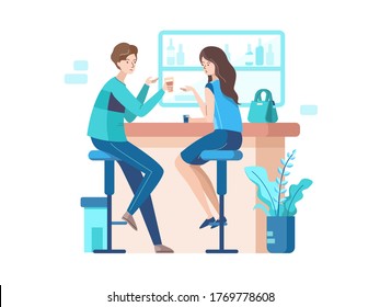 Zwei Partner an der Arbeit gehen nach der Arbeitszeit in die Bar und sie unterhalten sich und reden bis zur Nacht zusammen. Es kann eine Stressfreigabe nach der Arbeit den ganzen Tag lang sein. Vektorgrafik mit minimalem Stil