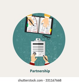 Two partners signs document stamped handle puts his signature flat design style